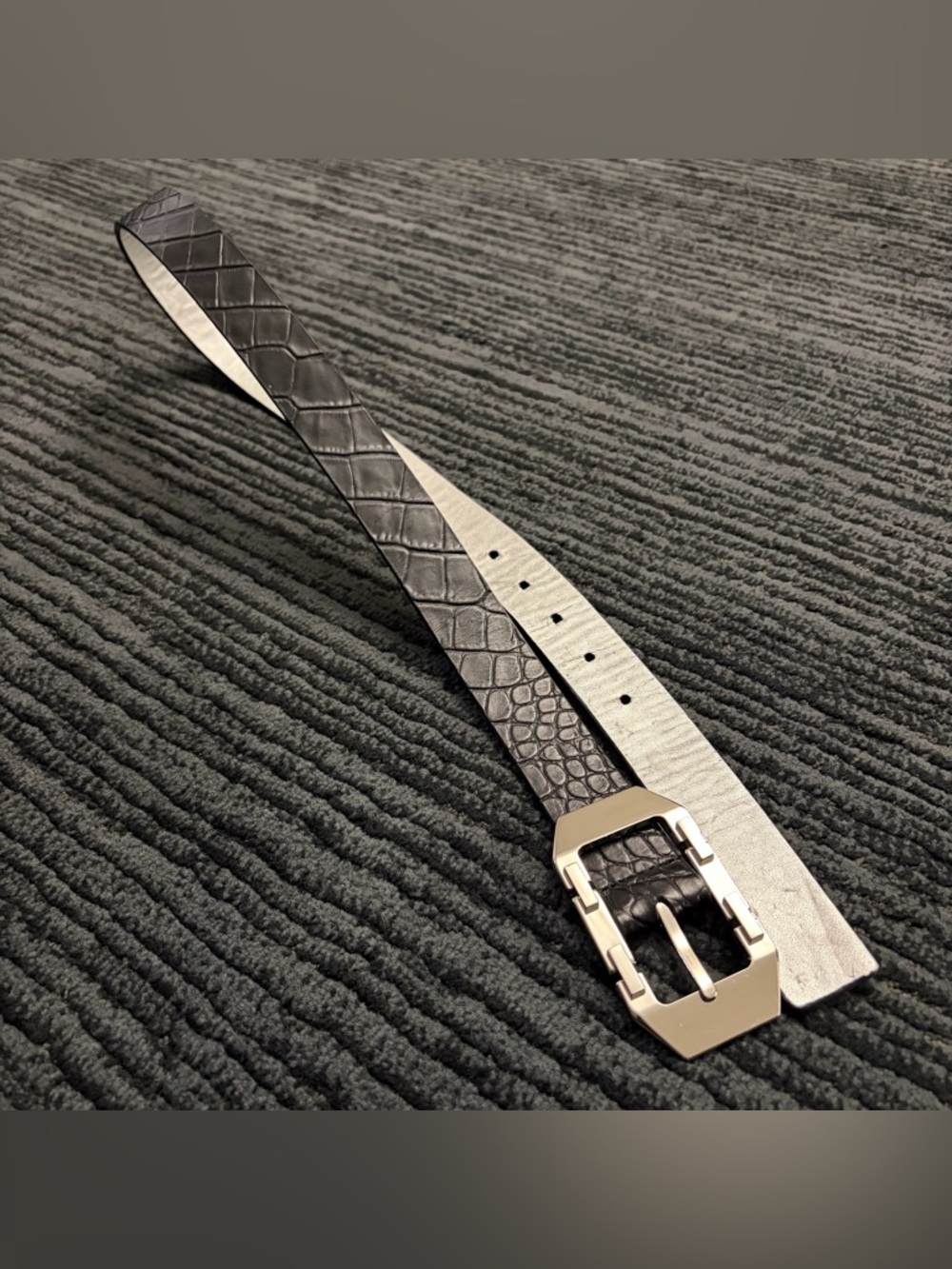 Via Spiga Croc Embossed Black/Silver Leather Belt with Silvertone Hardware